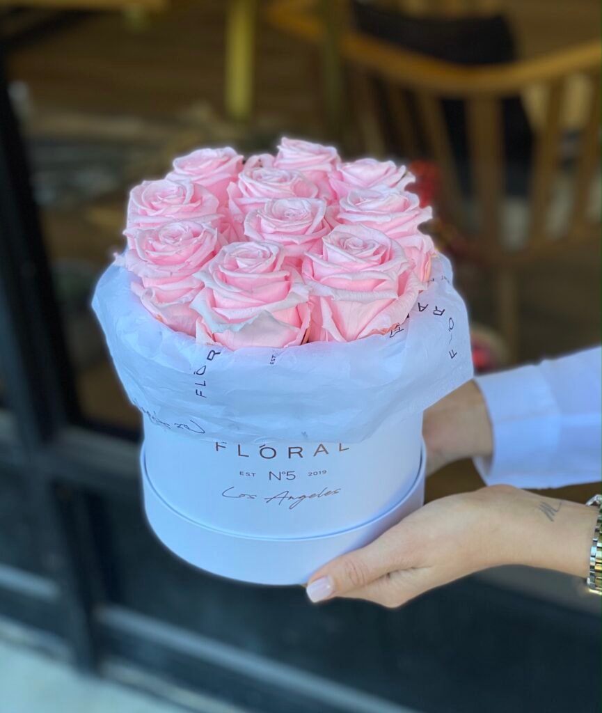 NO.223 – BABY PINK ETERNAL ROSES IN WHITE BOX